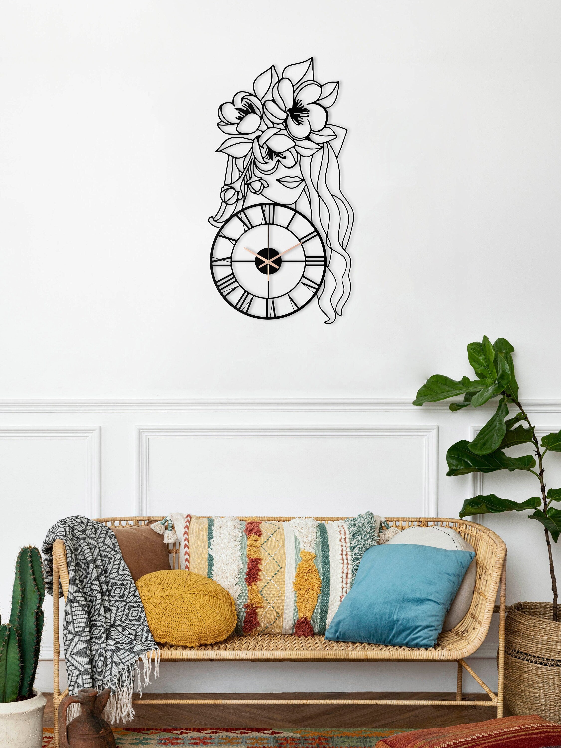Flowers Minimalist Clock, Oversized Wall Clock, Unique Wall Clock, , Black Wall Clock, Metal Wall Clock, Silent Wall Clock, Clocks For Wall