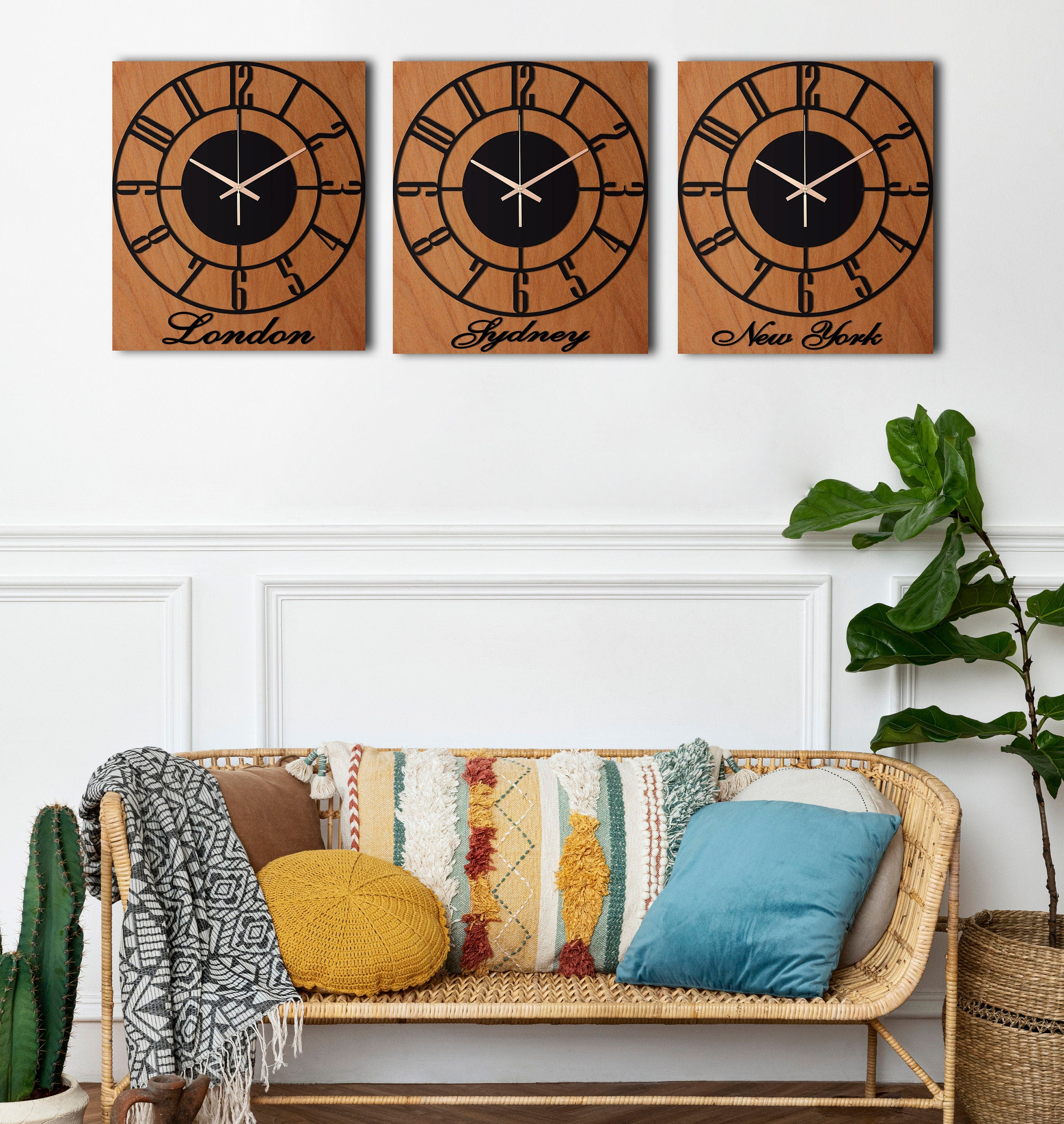 Time Zone Clock, Unique Wall Clock, Silent Wall Clock, Wood Metal Wall Clock, Black Wall Clock, Oversized Wall Clock, Laser Cut Clock