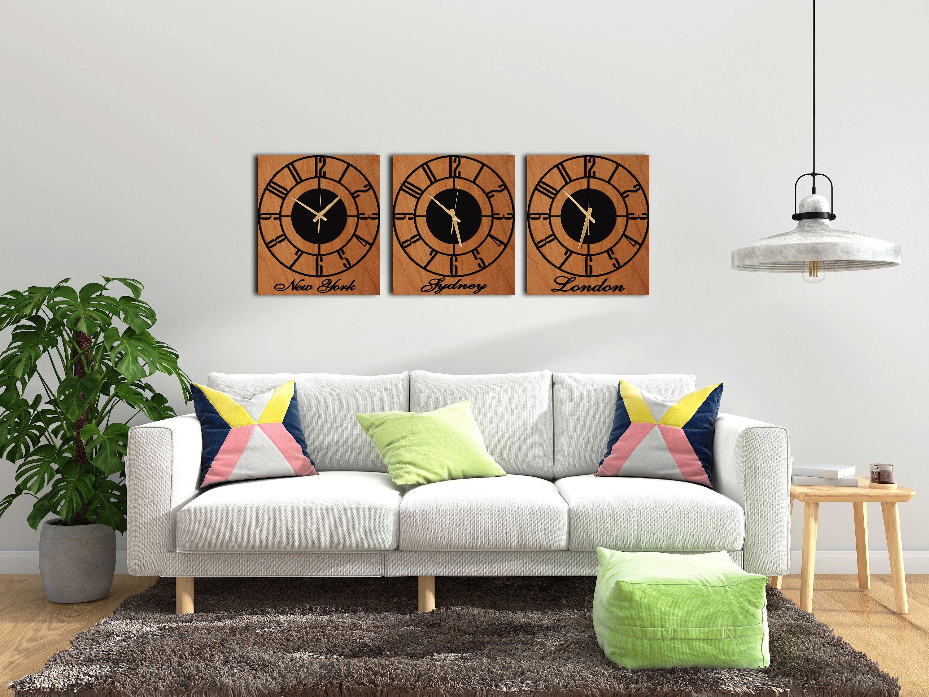 Time Zone Clock, Unique Wall Clock, Silent Wall Clock, Wood Metal Wall Clock, Black Wall Clock, Oversized Wall Clock, Laser Cut Clock