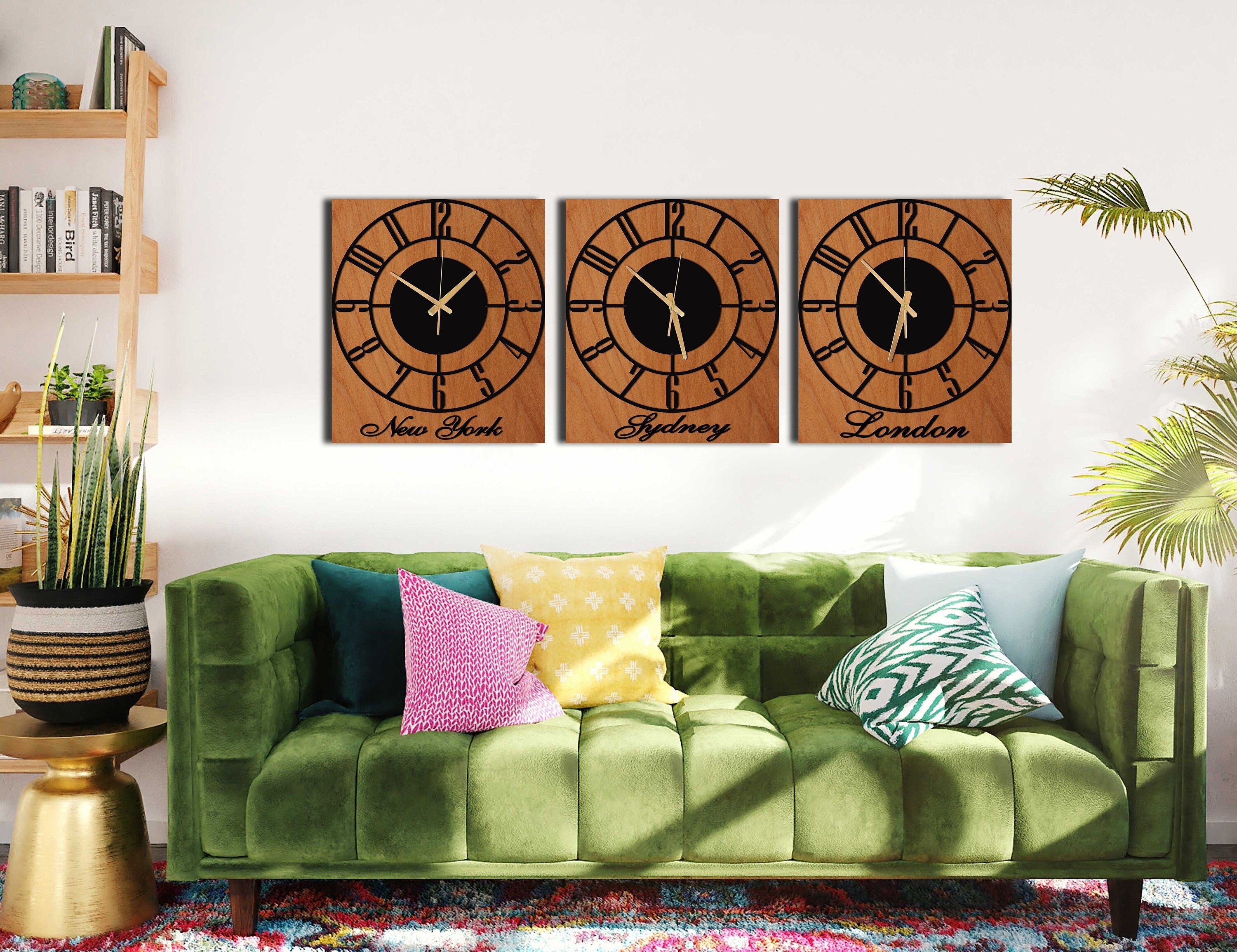 Time Zone Clock, Unique Wall Clock, Silent Wall Clock, Wood Metal Wall Clock, Black Wall Clock, Oversized Wall Clock, Laser Cut Clock