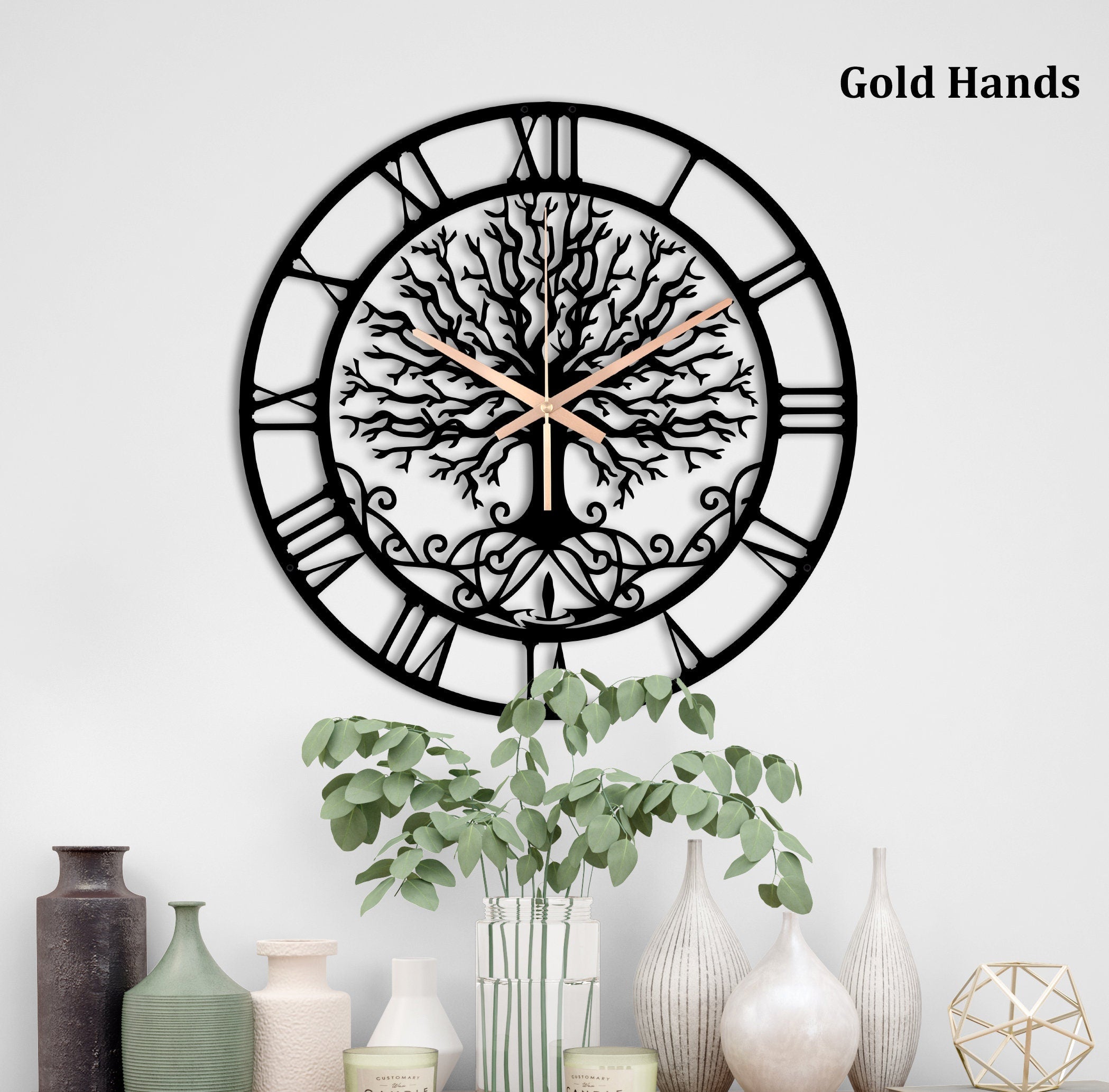 Large Tree Of Life Clock, Metal Wall Clock, Unique Wall Clock, Living Room Oversized Wall Clock, Black Wall Clock, Laser Cut Clock For Wall
