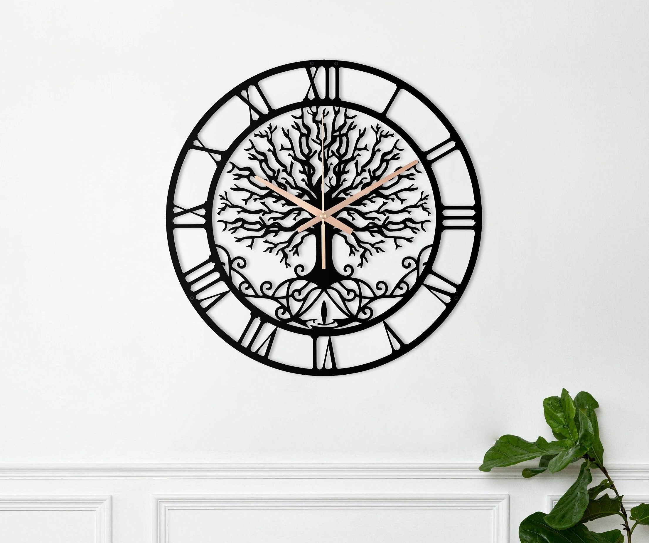Large Tree Of Life Clock, Metal Wall Clock, Unique Wall Clock, Living Room Oversized Wall Clock, Black Wall Clock, Laser Cut Clock For Wall