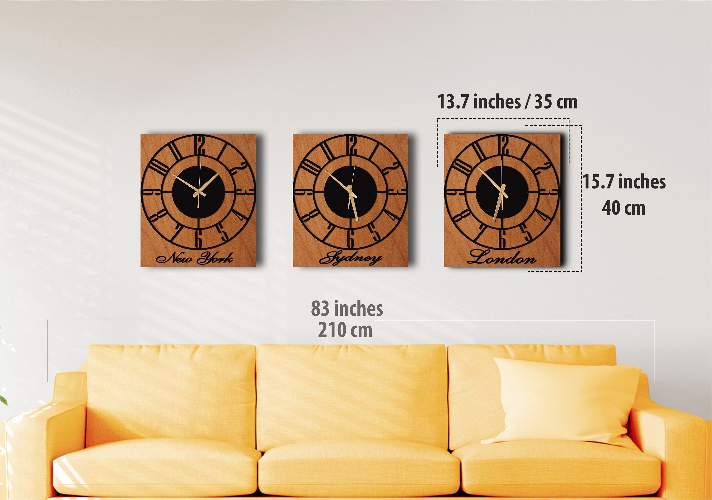 Time Zone Clock, Unique Wall Clock, Silent Wall Clock, Wood Metal Wall Clock, Black Wall Clock, Oversized Wall Clock, Laser Cut Clock