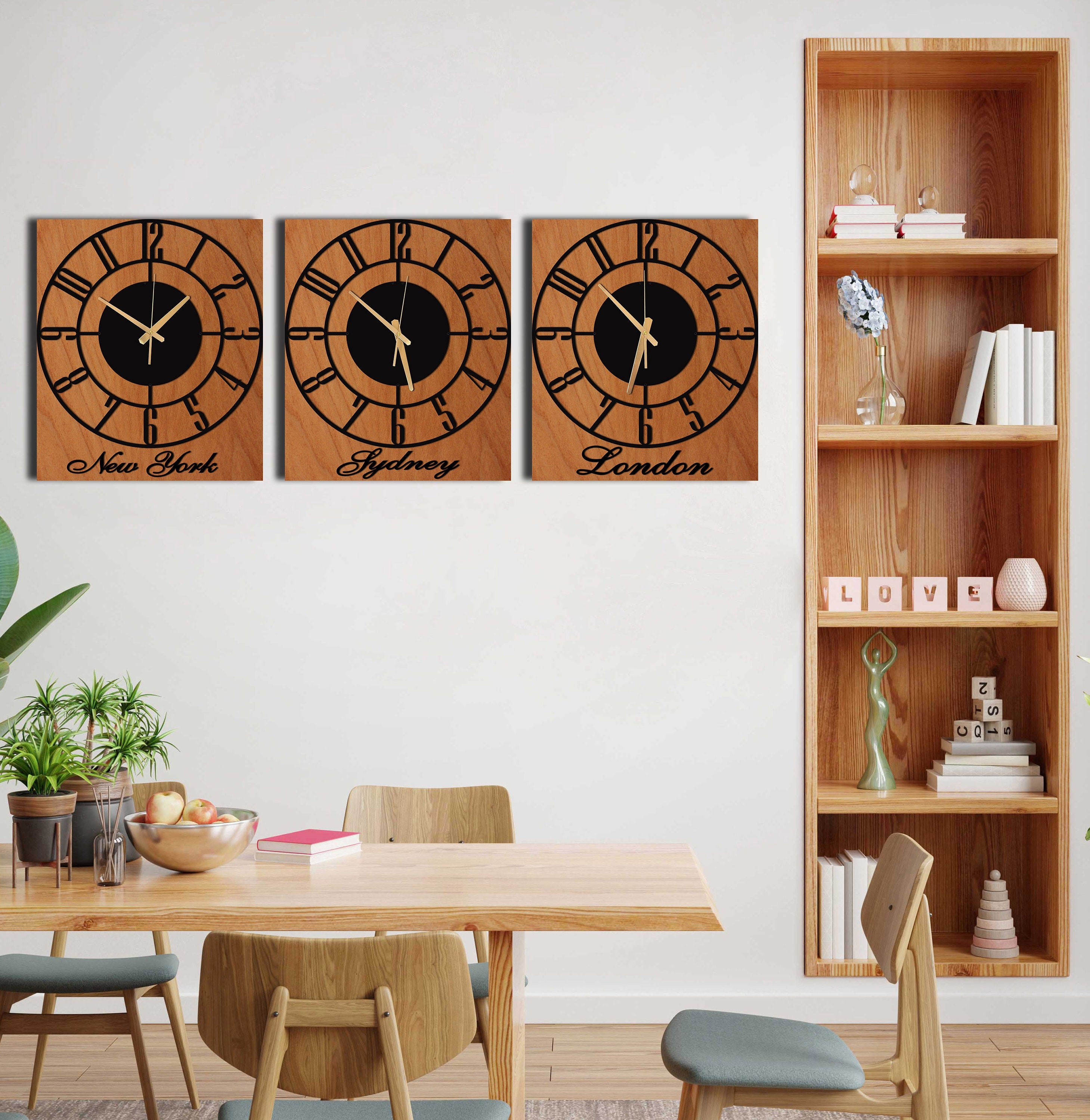 Time Zone Clock, Unique Wall Clock, Silent Wall Clock, Wood Metal Wall Clock, Black Wall Clock, Oversized Wall Clock, Laser Cut Clock