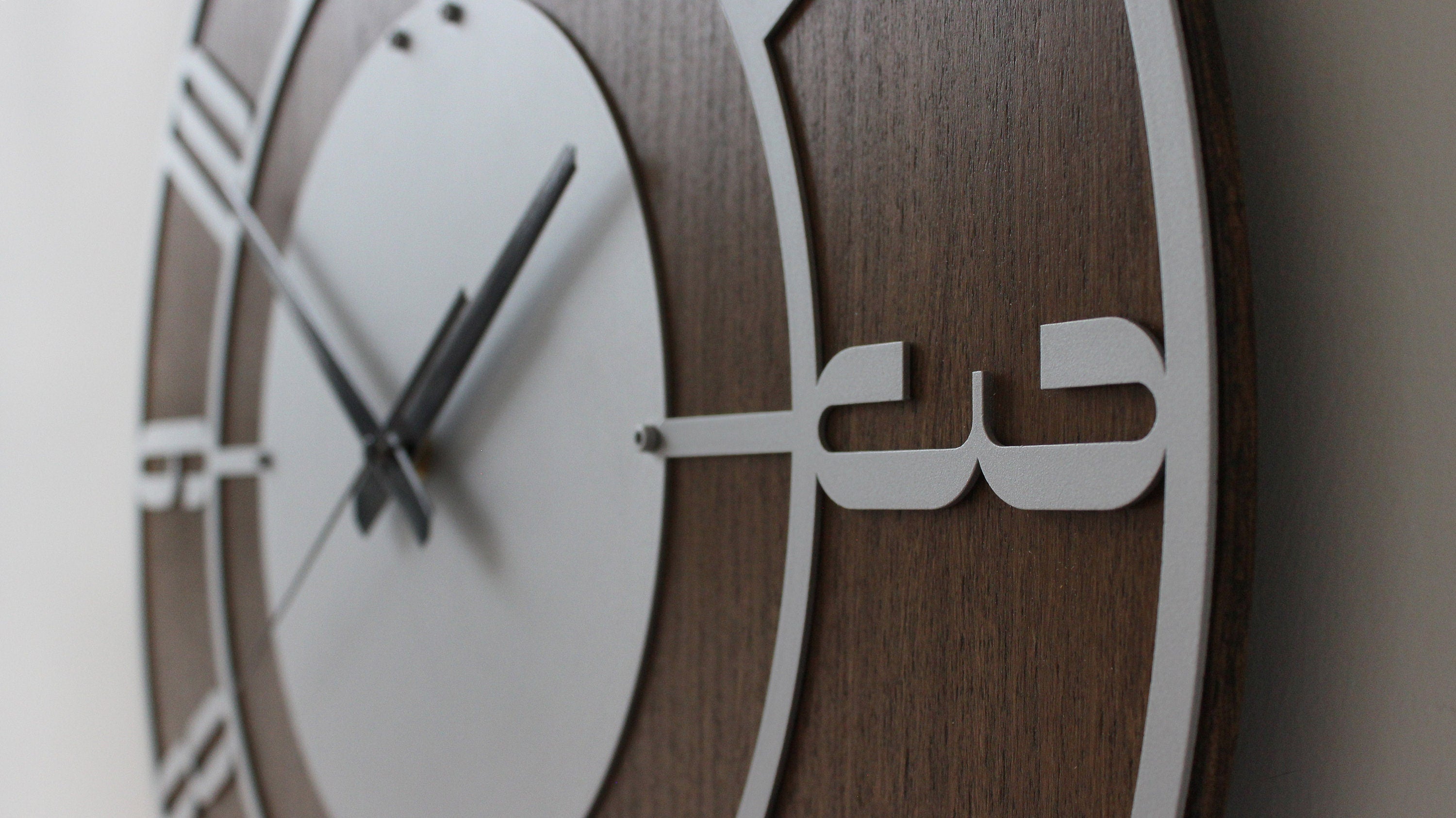 Silver Wall Clock, Metal And Walnut Wood Clock, Silent Wall Clock, Oversized Wall Clock, Farmhouse Clock, Unique Wall Clock, Clocks For Wall
