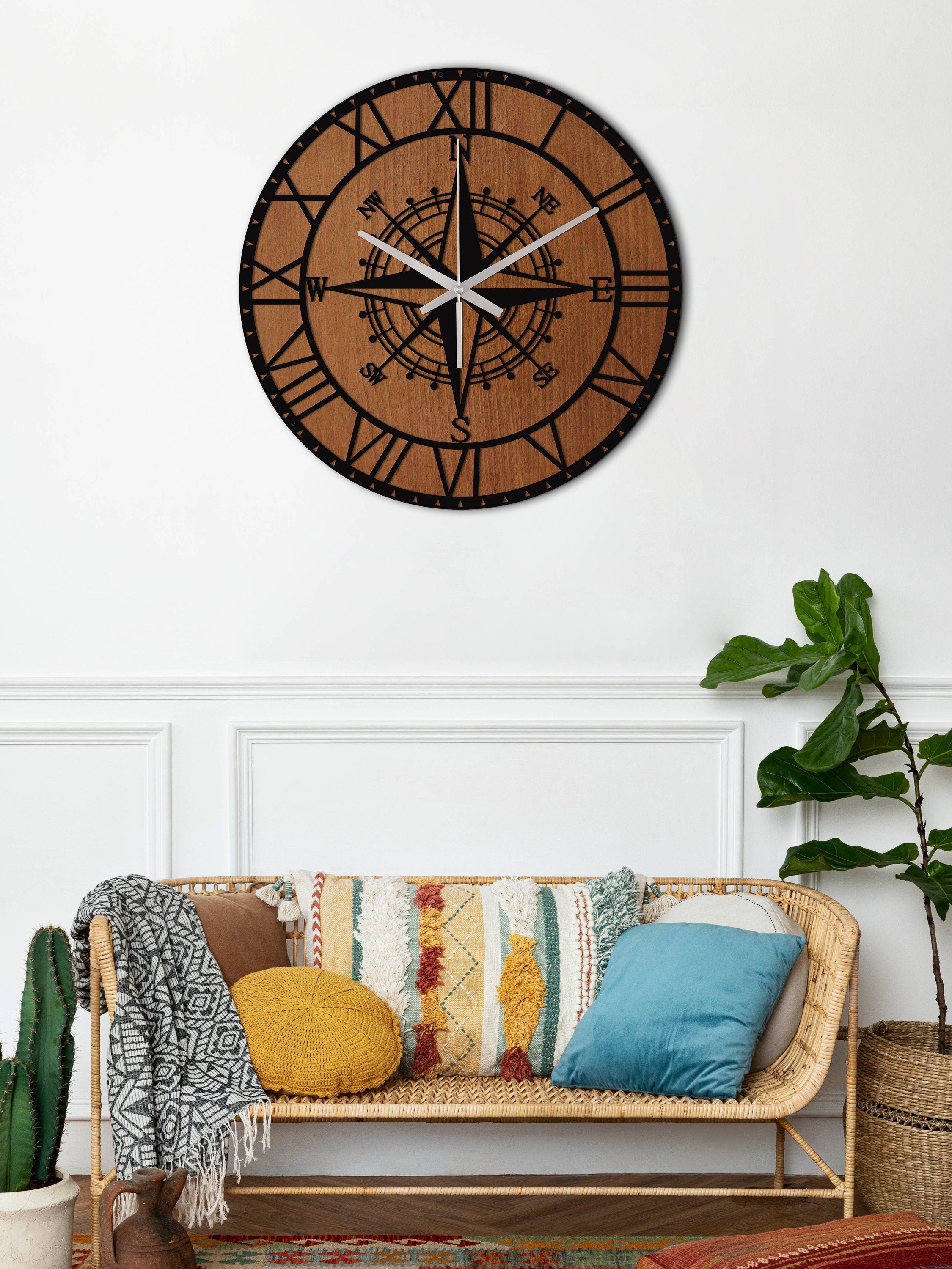 Wooden Metal Wall Clock, Compass Wall Clock, Silent Wall Clock, Oversized Wall Clock, Unique Wall Clock, Small Clock For Wall Home Decore