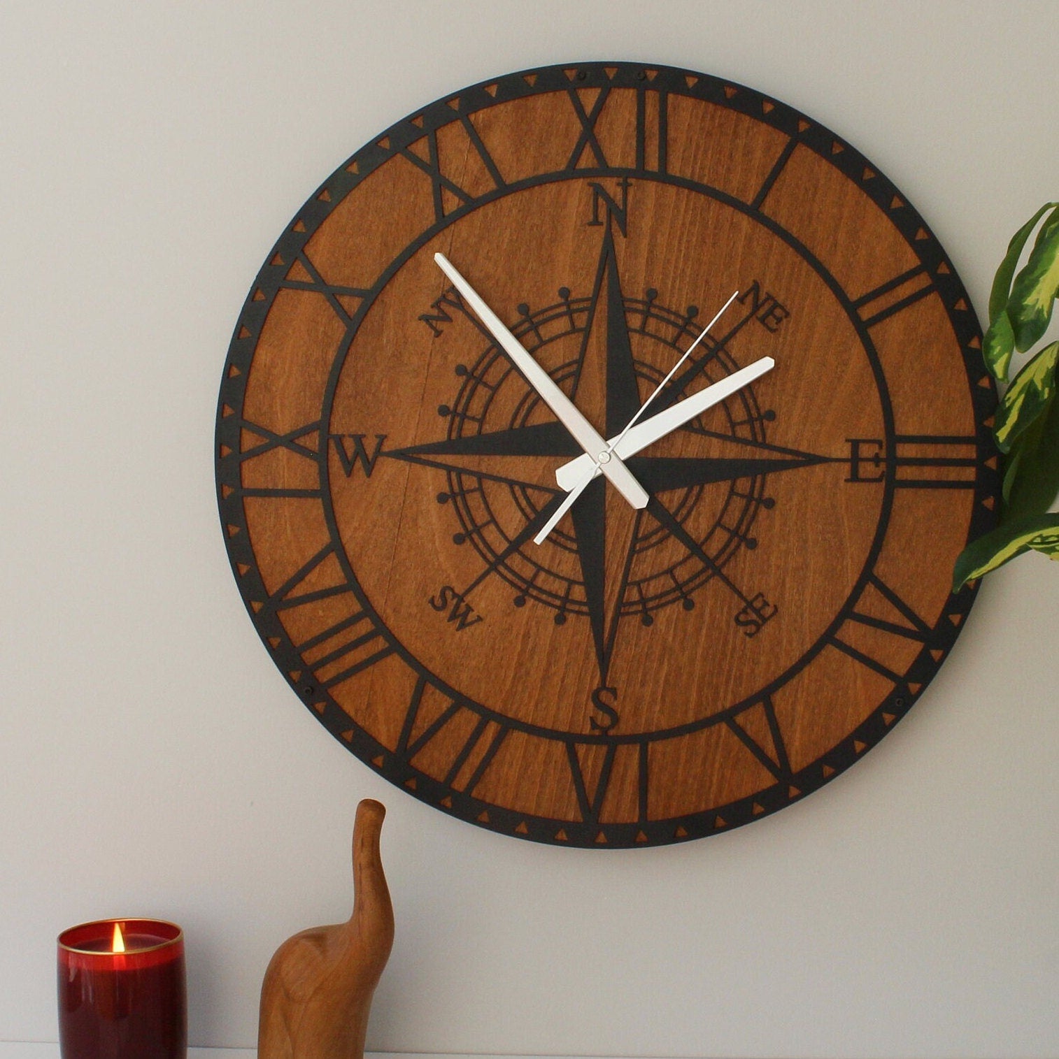 Wooden Metal Wall Clock, Compass Wall Clock, Silent Wall Clock, Oversized Wall Clock, Unique Wall Clock, Small Clock For Wall Home Decore