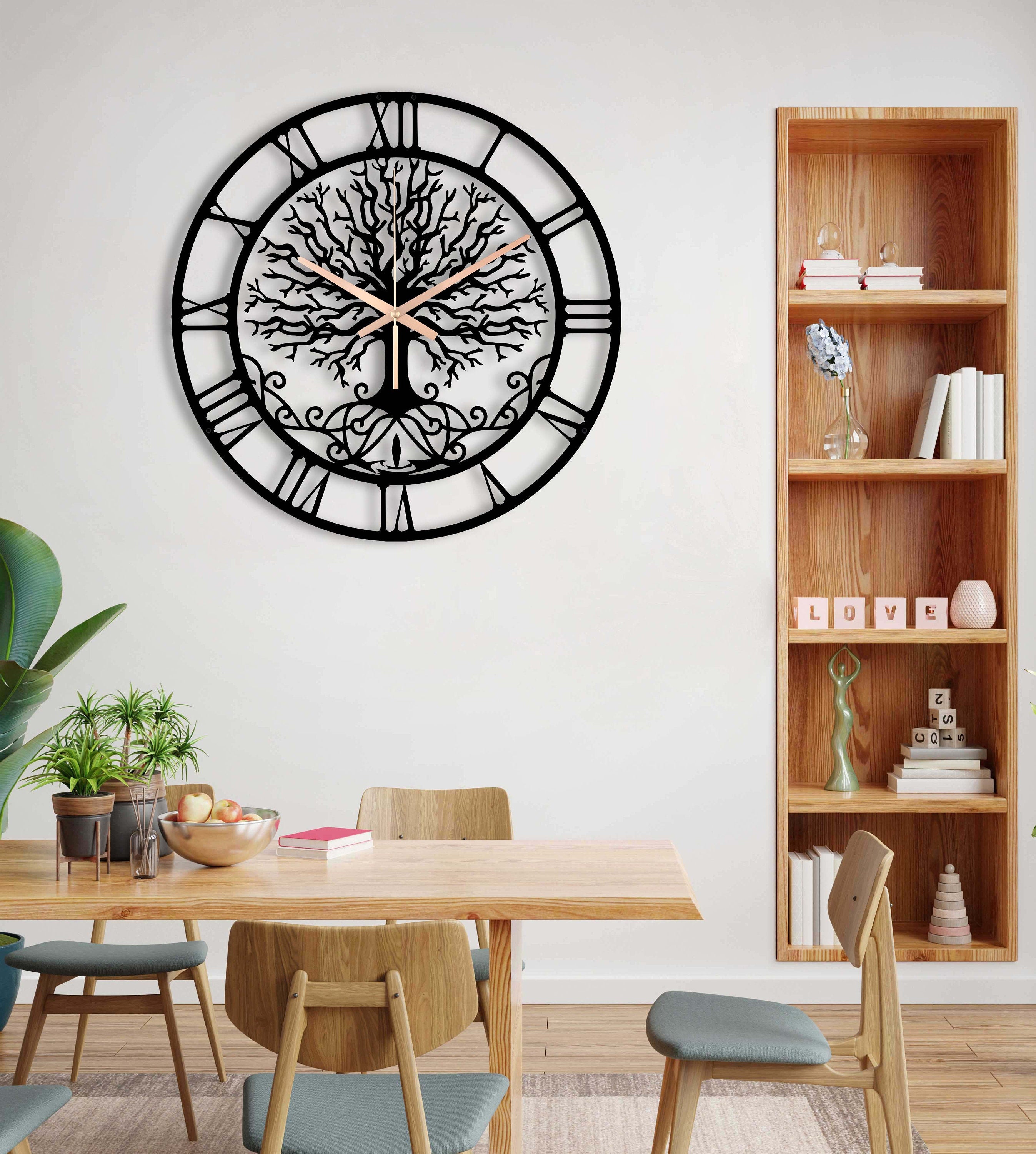 Large Tree Of Life Clock, Metal Wall Clock, Unique Wall Clock, Living Room Oversized Wall Clock, Black Wall Clock, Laser Cut Clock For Wall