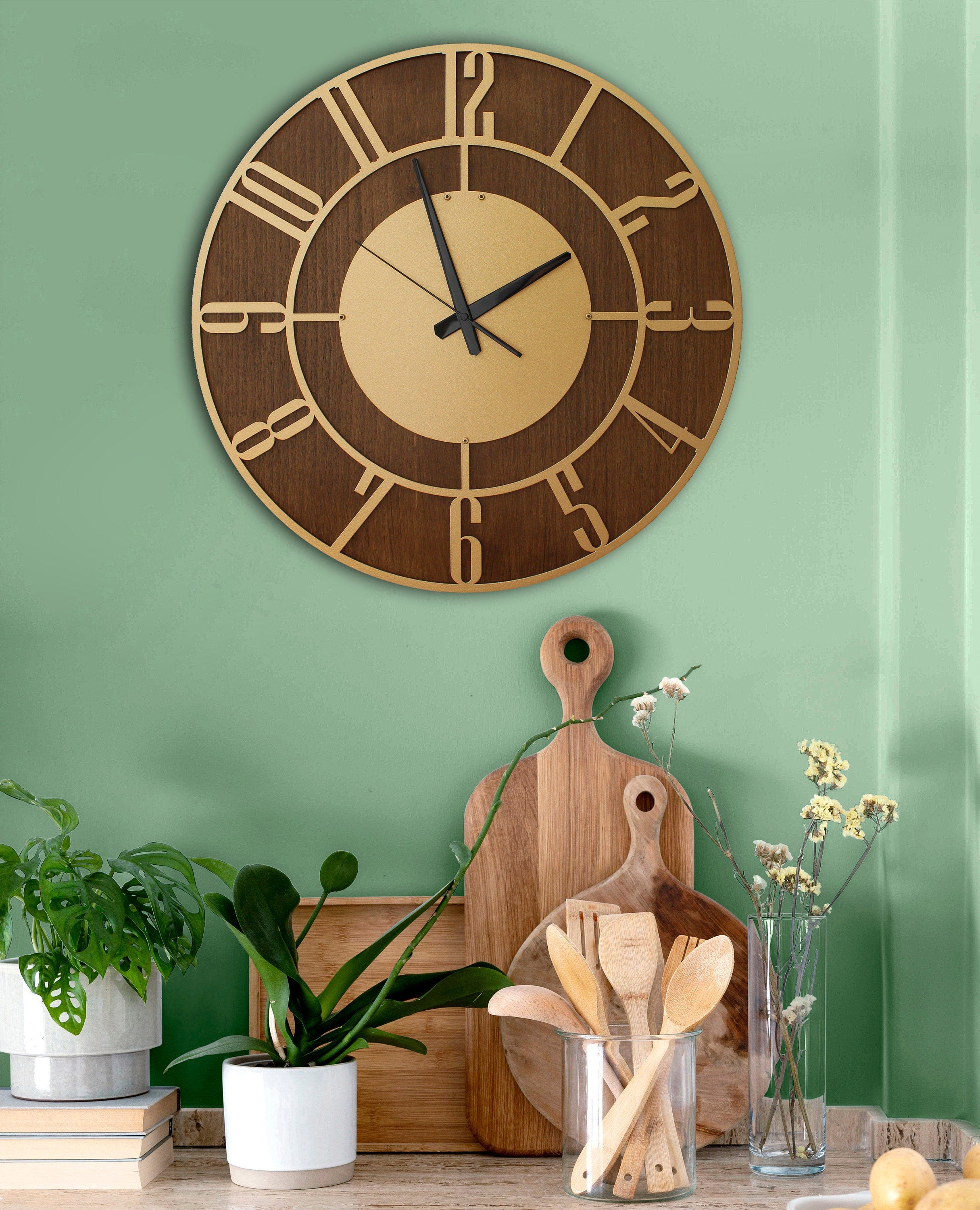 Gold Wall Clock, Metal And Walnut Wood Clock, Silent Wall Clock, Oversized Wall Clock, Farmhouse Clock, Unique Wall Clock, Clocks For Wall