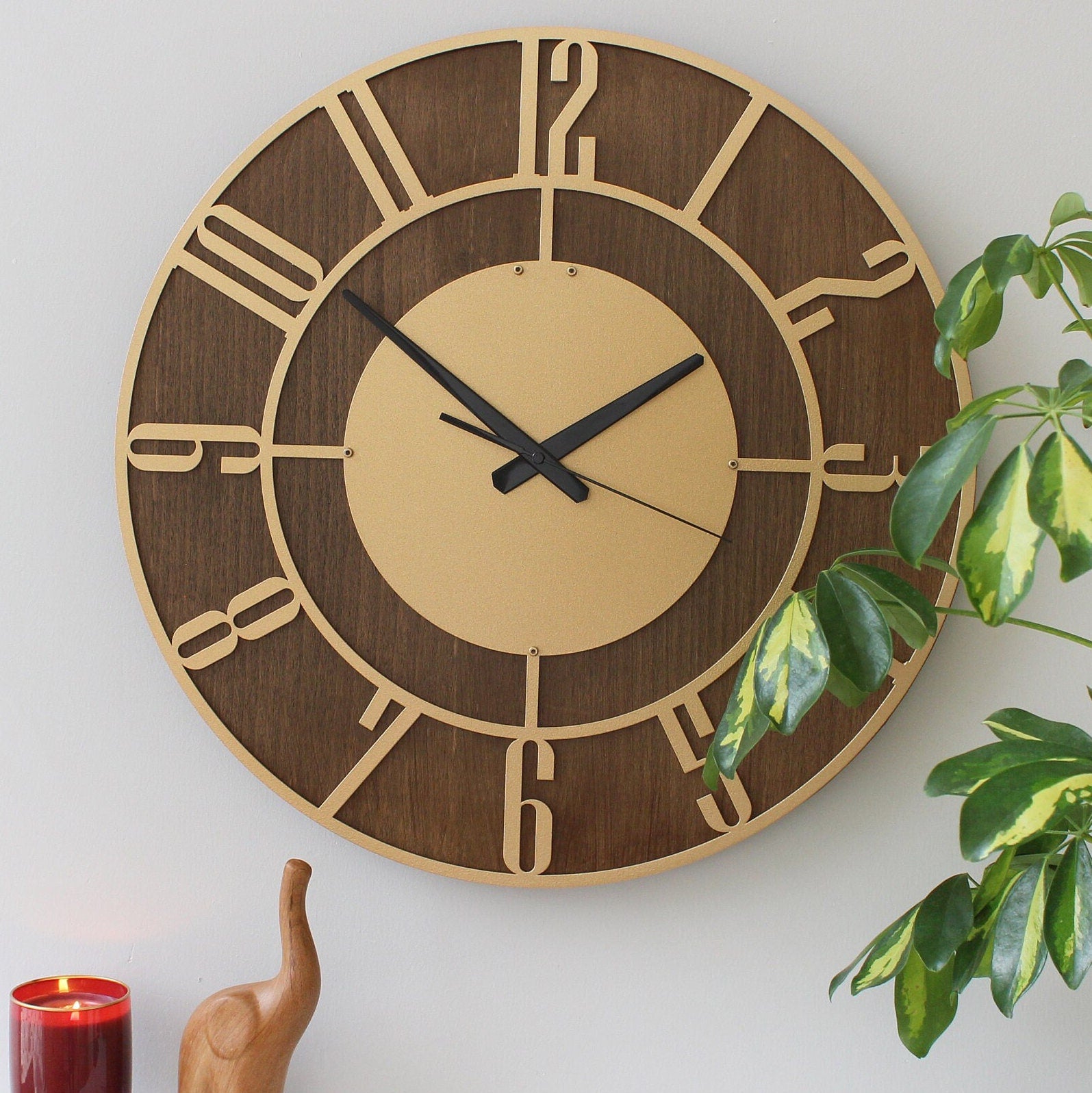 Gold Wall Clock, Metal And Walnut Wood Clock, Silent Wall Clock, Oversized Wall Clock, Farmhouse Clock, Unique Wall Clock, Clocks For Wall