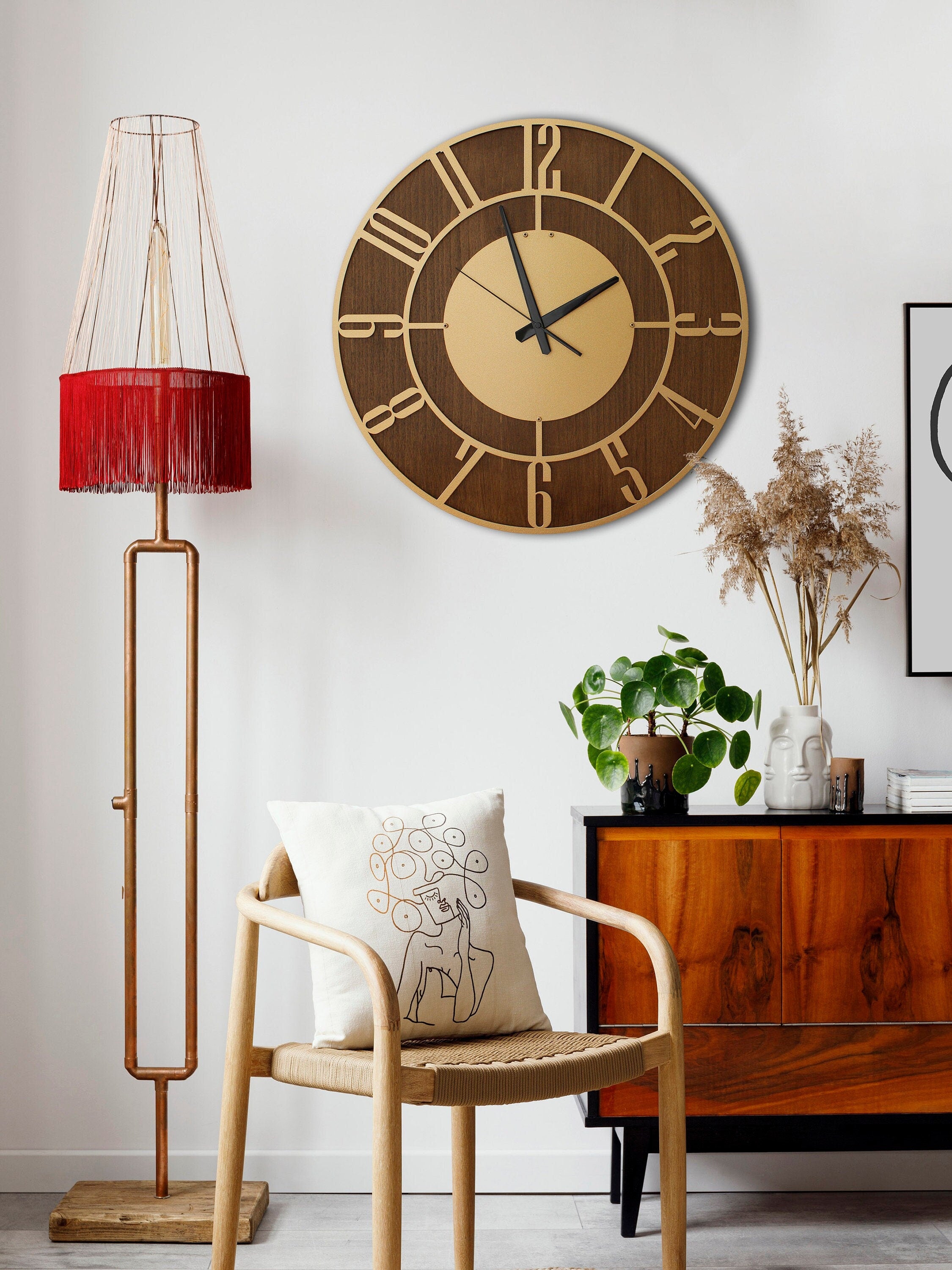Gold Wall Clock, Metal And Walnut Wood Clock, Silent Wall Clock, Oversized Wall Clock, Farmhouse Clock, Unique Wall Clock, Clocks For Wall