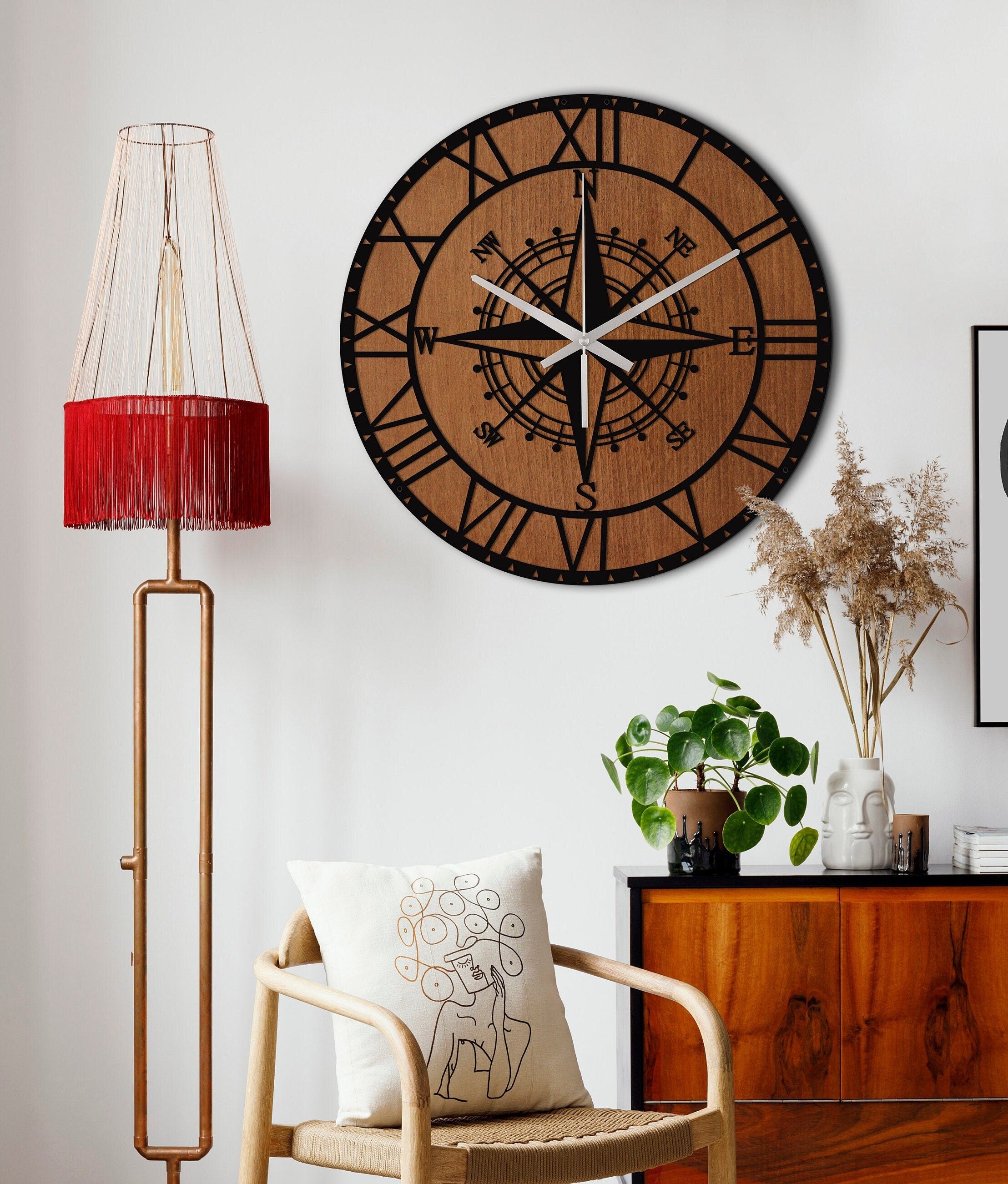 Wooden Metal Wall Clock, Compass Wall Clock, Silent Wall Clock, Oversized Wall Clock, Unique Wall Clock, Small Clock For Wall Home Decore