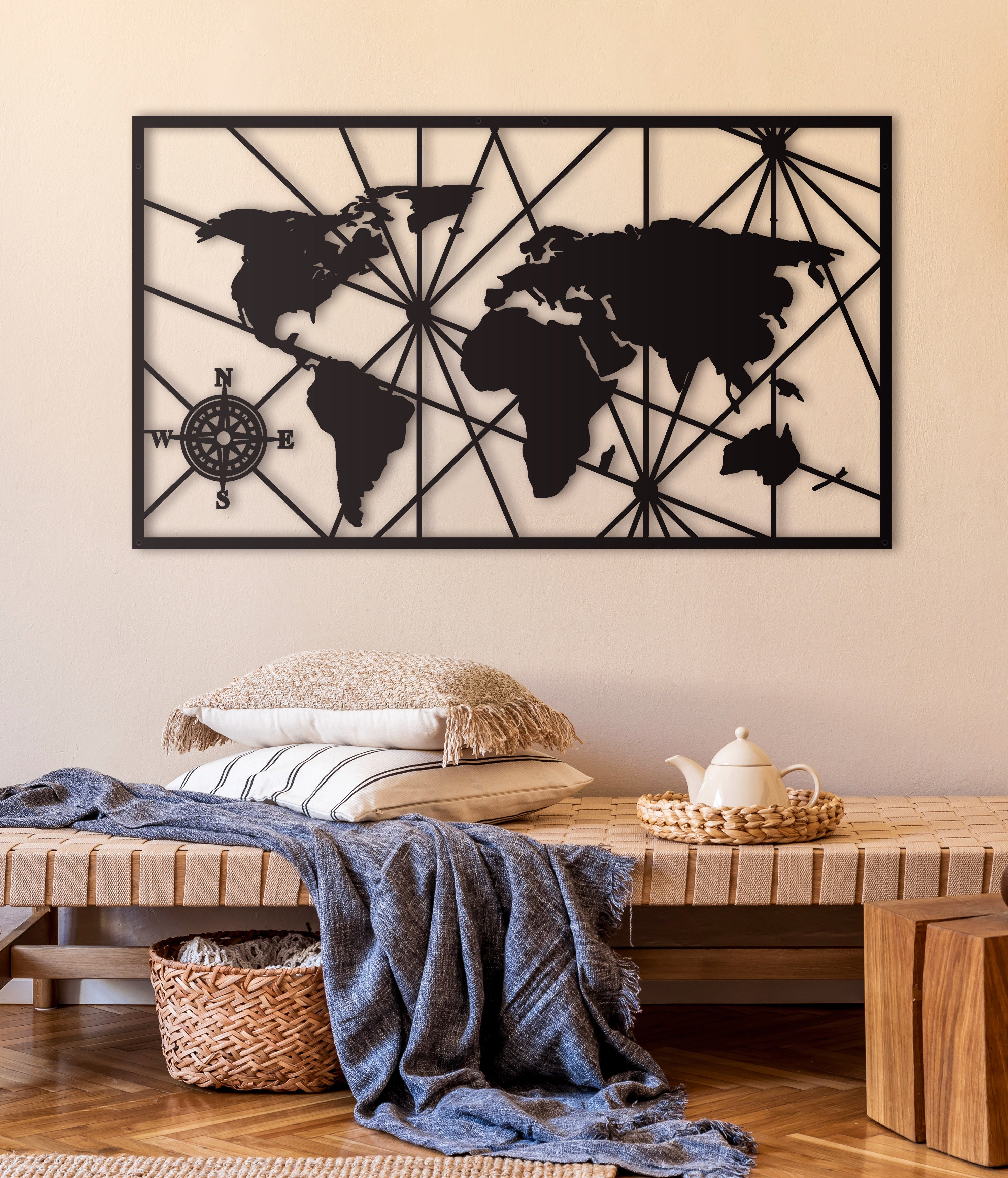 Compass World Map Large Metal Wall Decor/Industrial Office Wall Hanging Art/Home Interior Decoration Housewarming Gift Metal Sign Decor